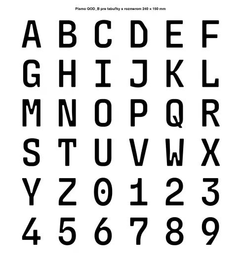Písmo QOD_B pre tabuľky s rozmerom 240 × 150 mm: písmená A až Z a číslice 0 až 9